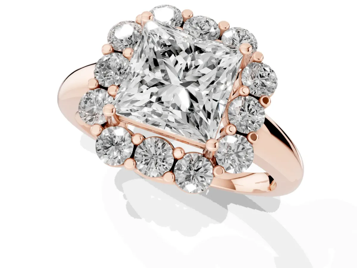 Princess Cut Halo Milgrain Solitaire with Bezel Set Side Stones and Pave Band Rose gold