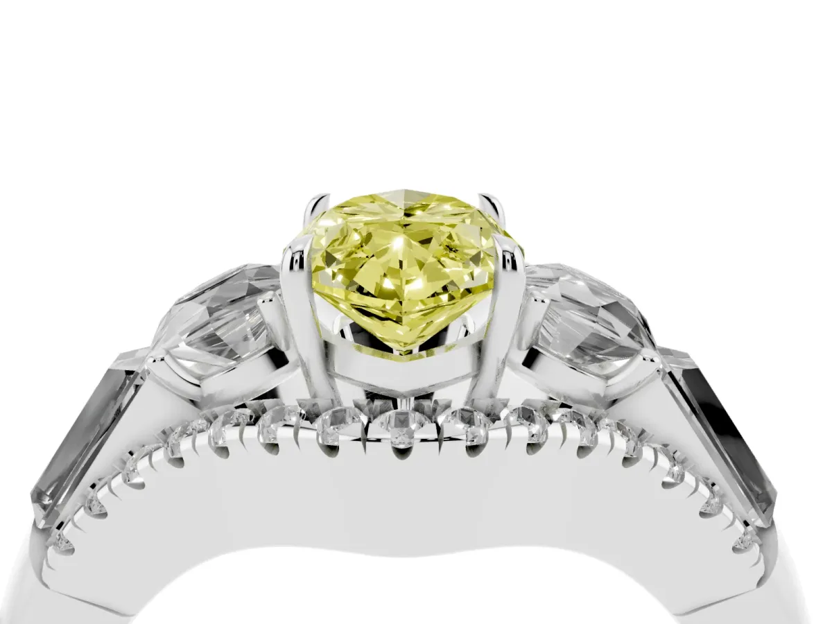 Fancy Yellow Three-Stone Marquise Cut Diamond Engagement Ring with Pave Band and Prong Setting Silver
