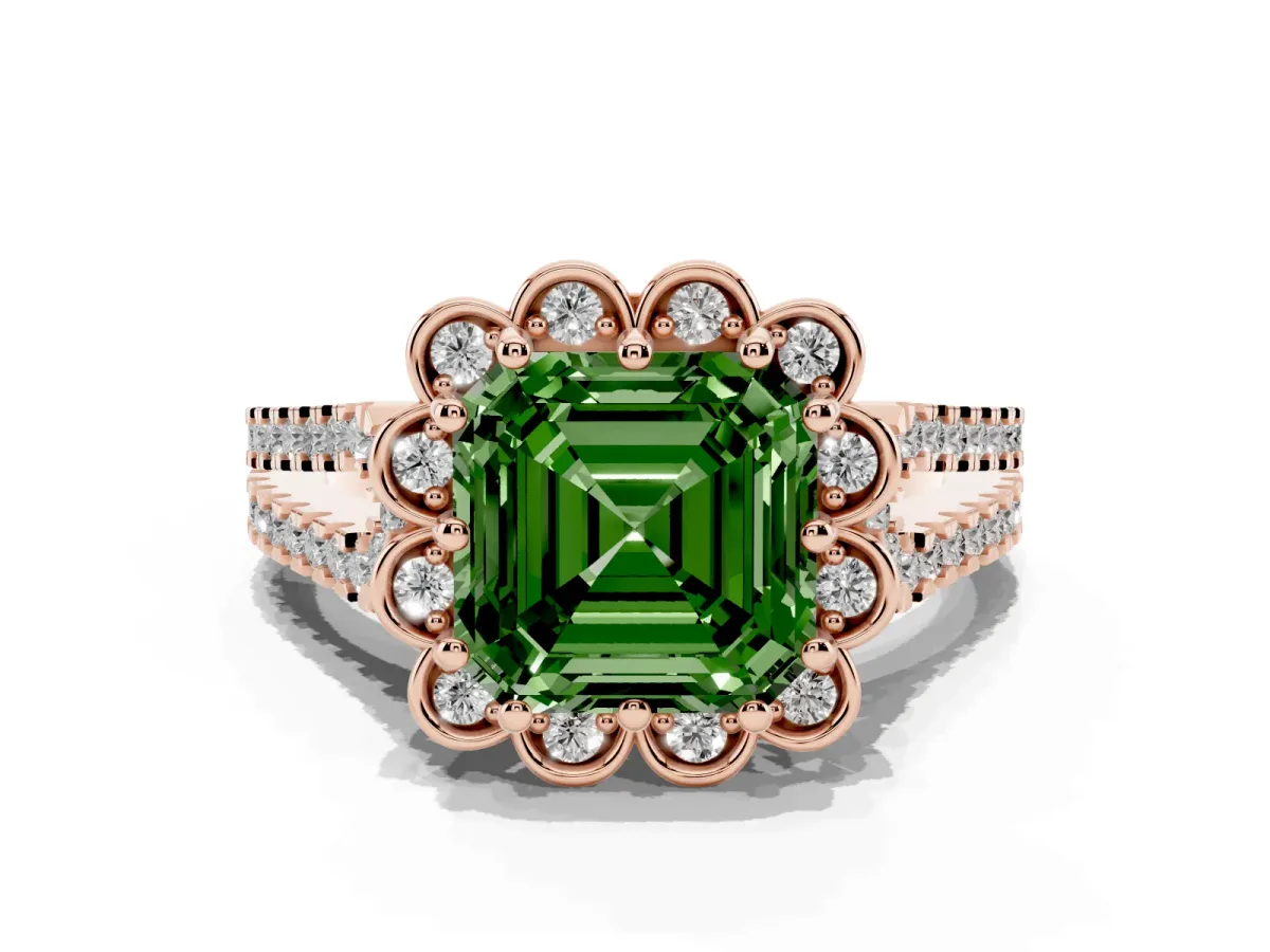 Fancy Green Asscher Cut Halo Diamond Floral Split Shank Engagement Ring Rose gold