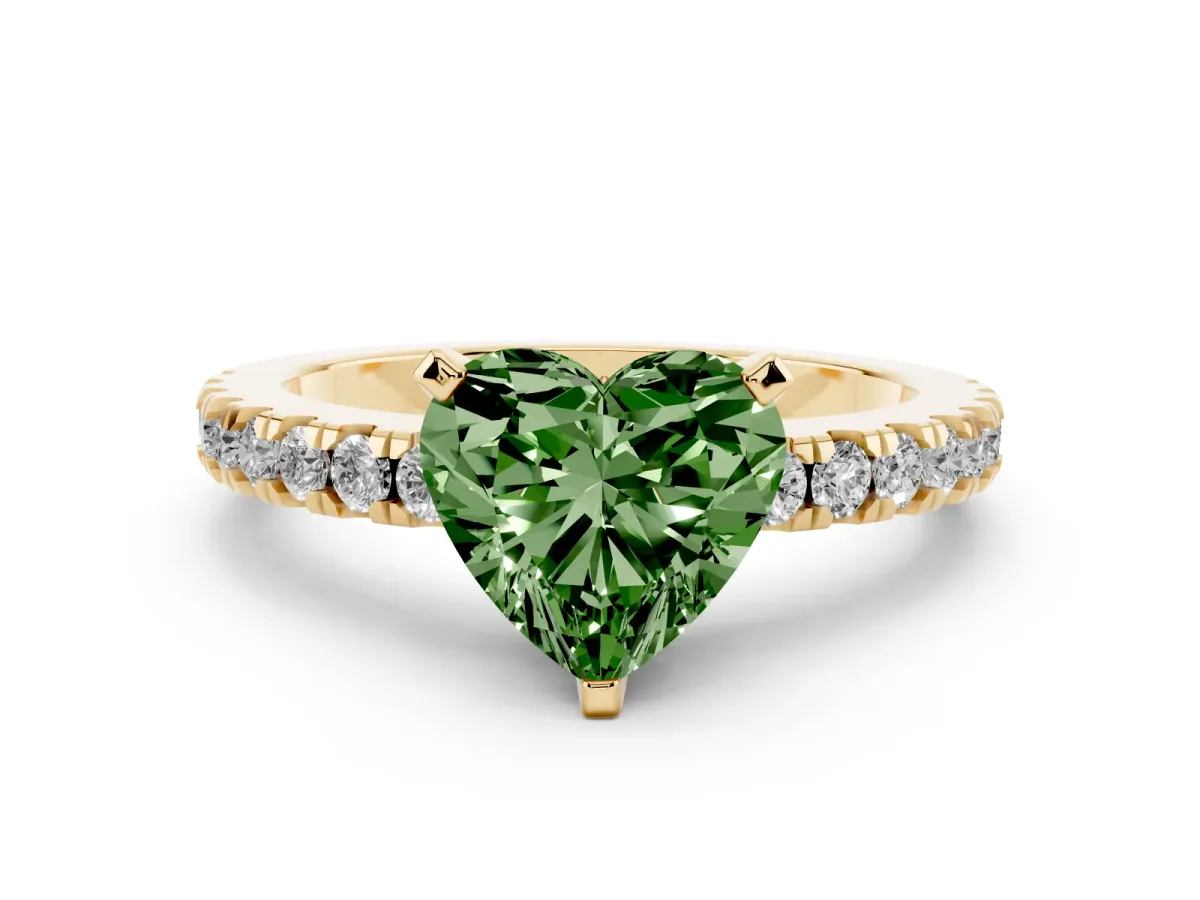 Fancy Green Heart Cut Solitaire Diamond with Pavé Band and Four-Prong Setting Yellow gold