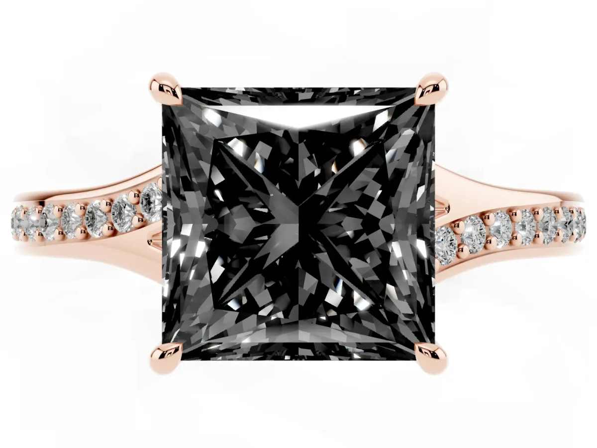Fancy Black Princess Cut Diamond Solitaire Ring with Pavé Band and Prong Setting Rose gold
