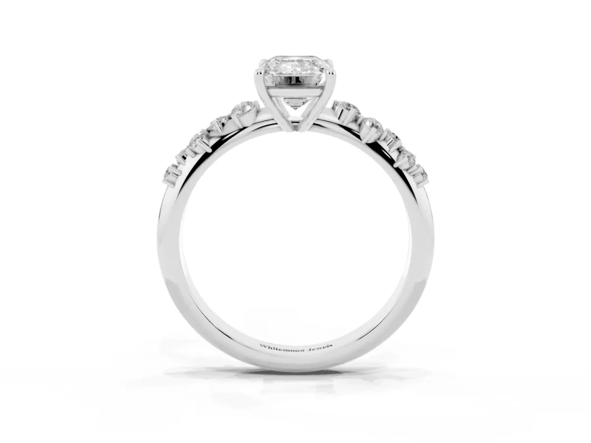 Emerald Cut Diamond Cluster Side Stone Solitaire Ring with Prong Setting Platinum