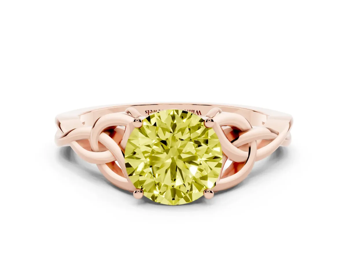 Fancy Yellow Round Cut Diamond Solitaire Engagement Ring with Celtic Knot Band and Four-Prong Setting Rose gold