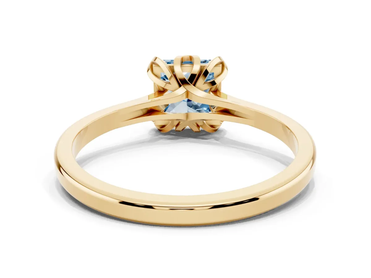 Fancy Blue Princess Cut Diamond Solitaire Ring with Flower Prong Setting and Classic Band Yellow gold