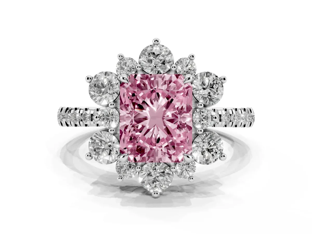 Fancy Pink Radiant Cut Diamond Floral Halo Ring with Round Pavé Band and Prong Setting Silver
