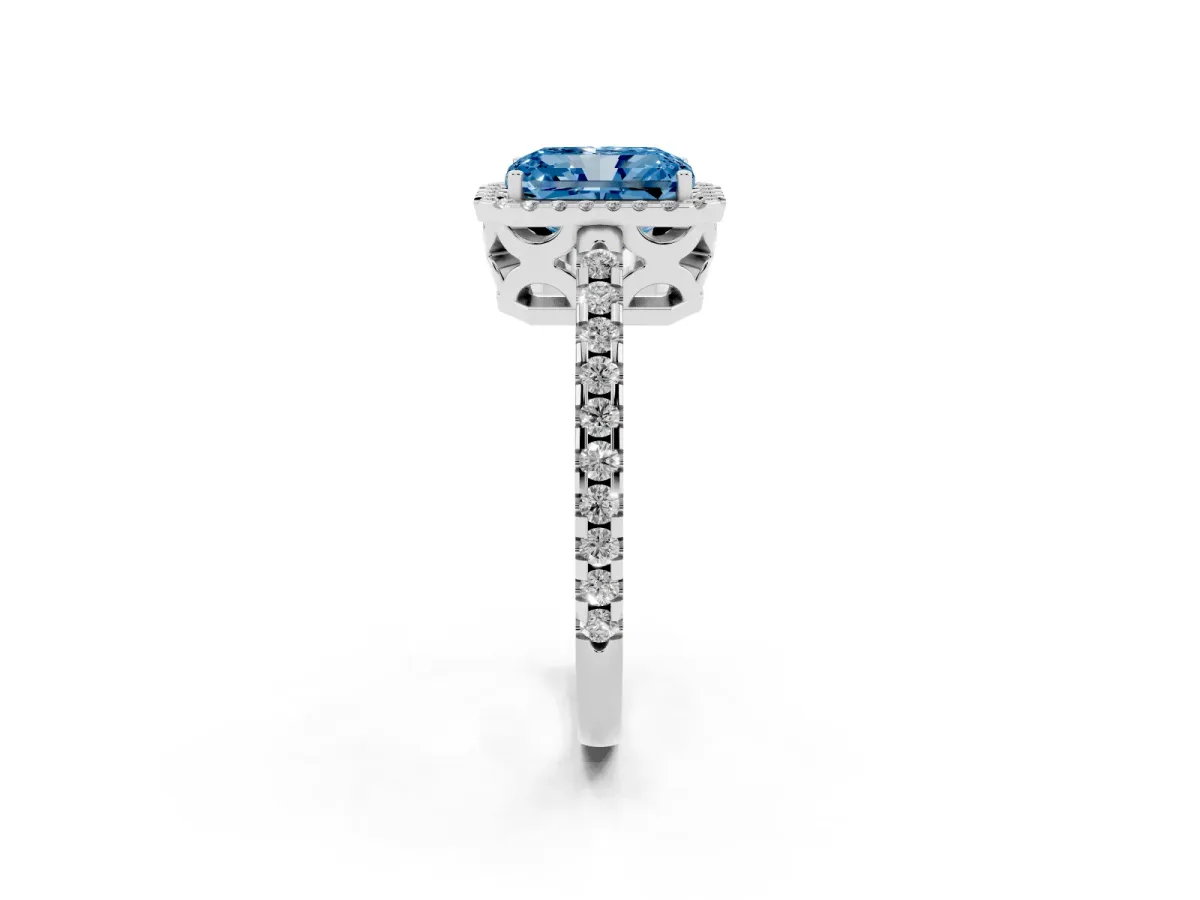 Fancy Blue Radiant Cut Diamond Halo Engagement Ring with Pavé Band and Prong Setting Platinum