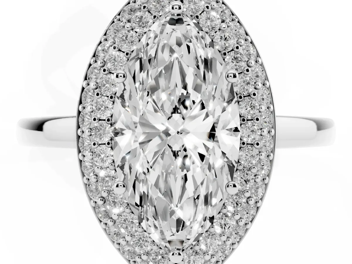 Marquise Cut Halo Diamond Engagement Ring with Solitaire Band and Four-Prong Setting Platinum