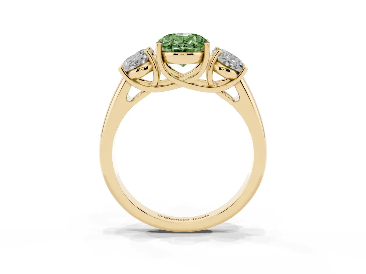 Fancy Green Three-Stone Oval Cut Diamond Engagement Ring with Prong Setting Yellow gold