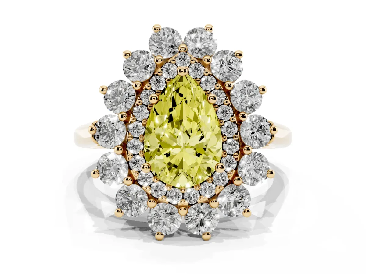 Fancy Yellow Pear Cut Diamond Floral Double Halo Engagement Ring with Prong Setting Yellow gold