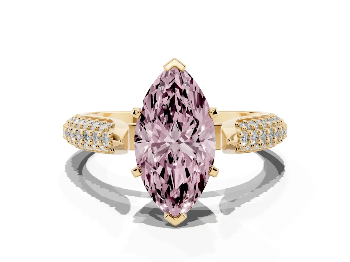 Fancy Pink Marquise Cut Diamond Solitaire Engagement Ring with Multi-Row Round Pavé Band and Prong Setting Yellow gold