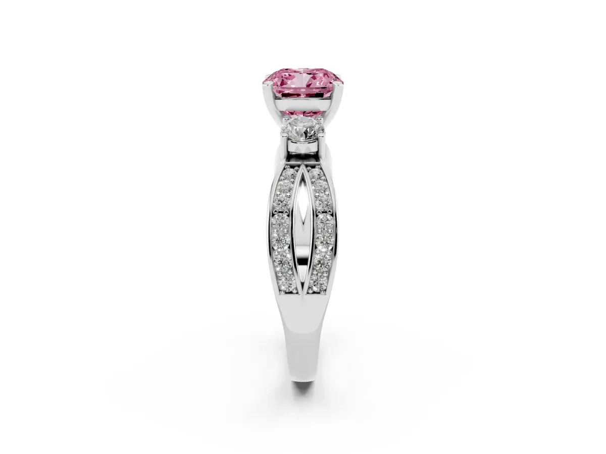 Fancy Pink Three-Stone Cushion Cut Cut Diamond Twist Band with Prong Setting Silver