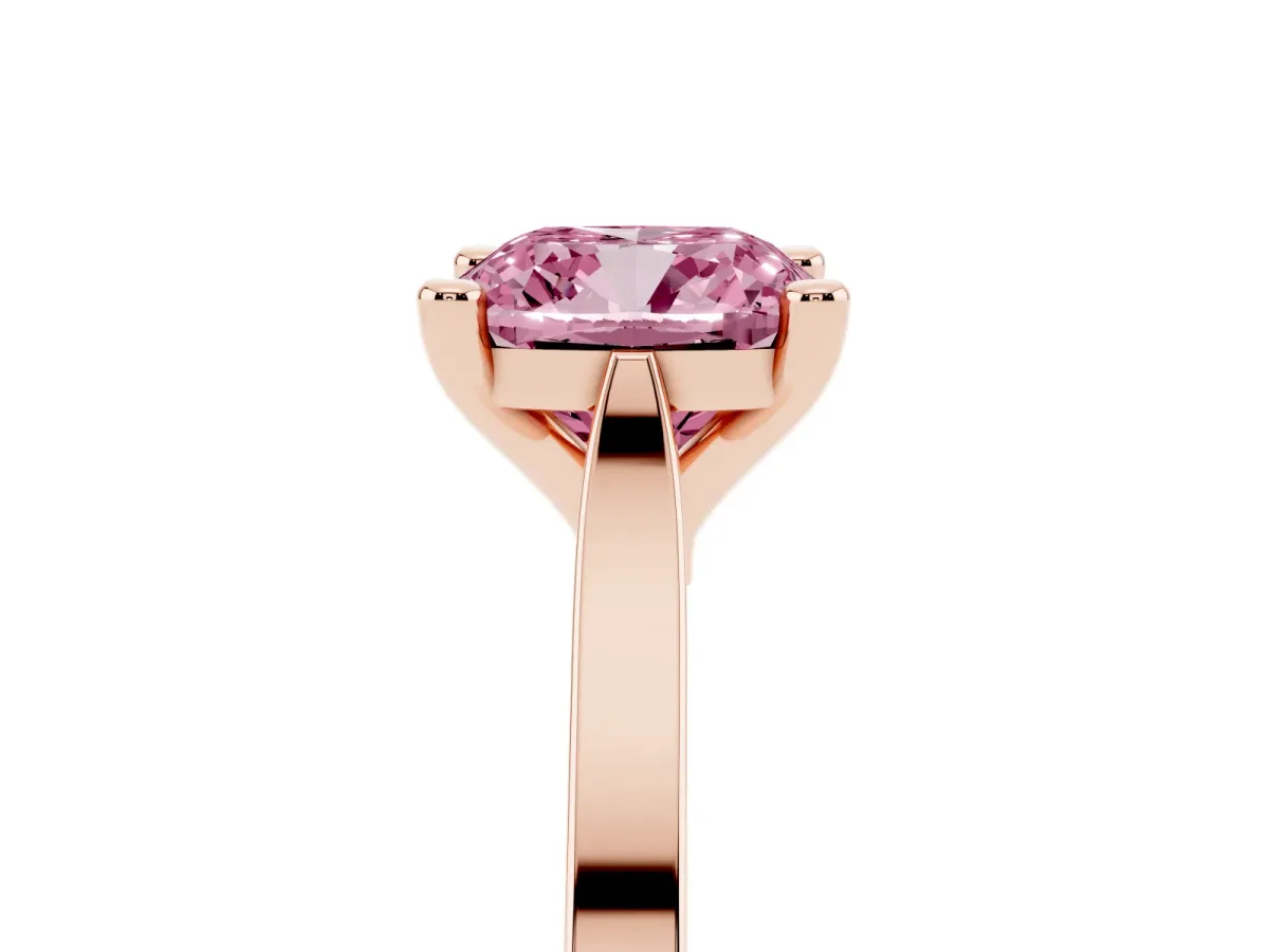 Fancy Pink Cushion Cut Solitaire Diamond Ring with Four-Prong Setting and Tapered Band Rose gold