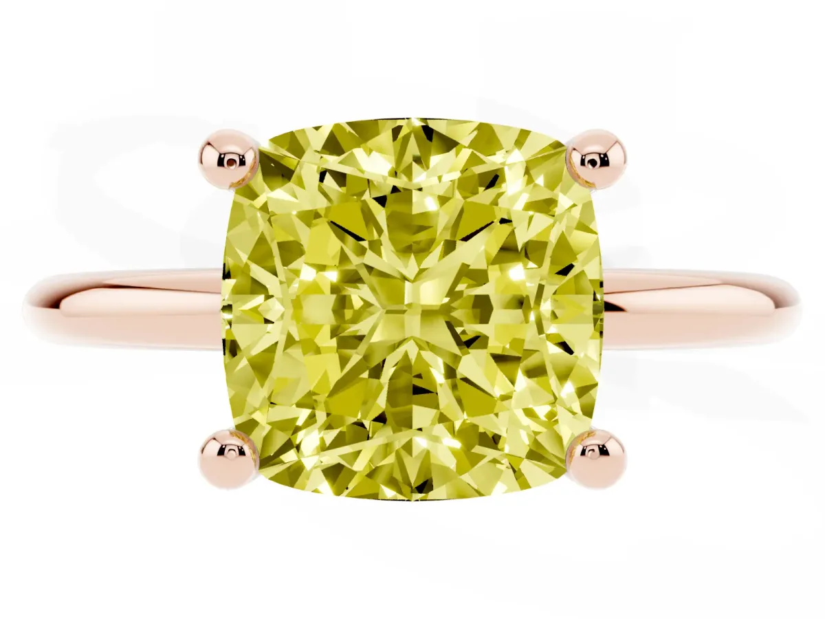 Fancy Yellow Cushion Cut Solitaire Diamond Ring with 4-Prong Setting on a Classic Band Rose gold