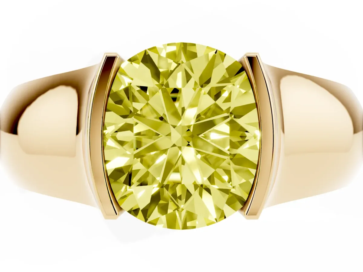Fancy Yellow Round Cut Solitaire Bezel Set Diamond Ring with Wide Band Yellow gold