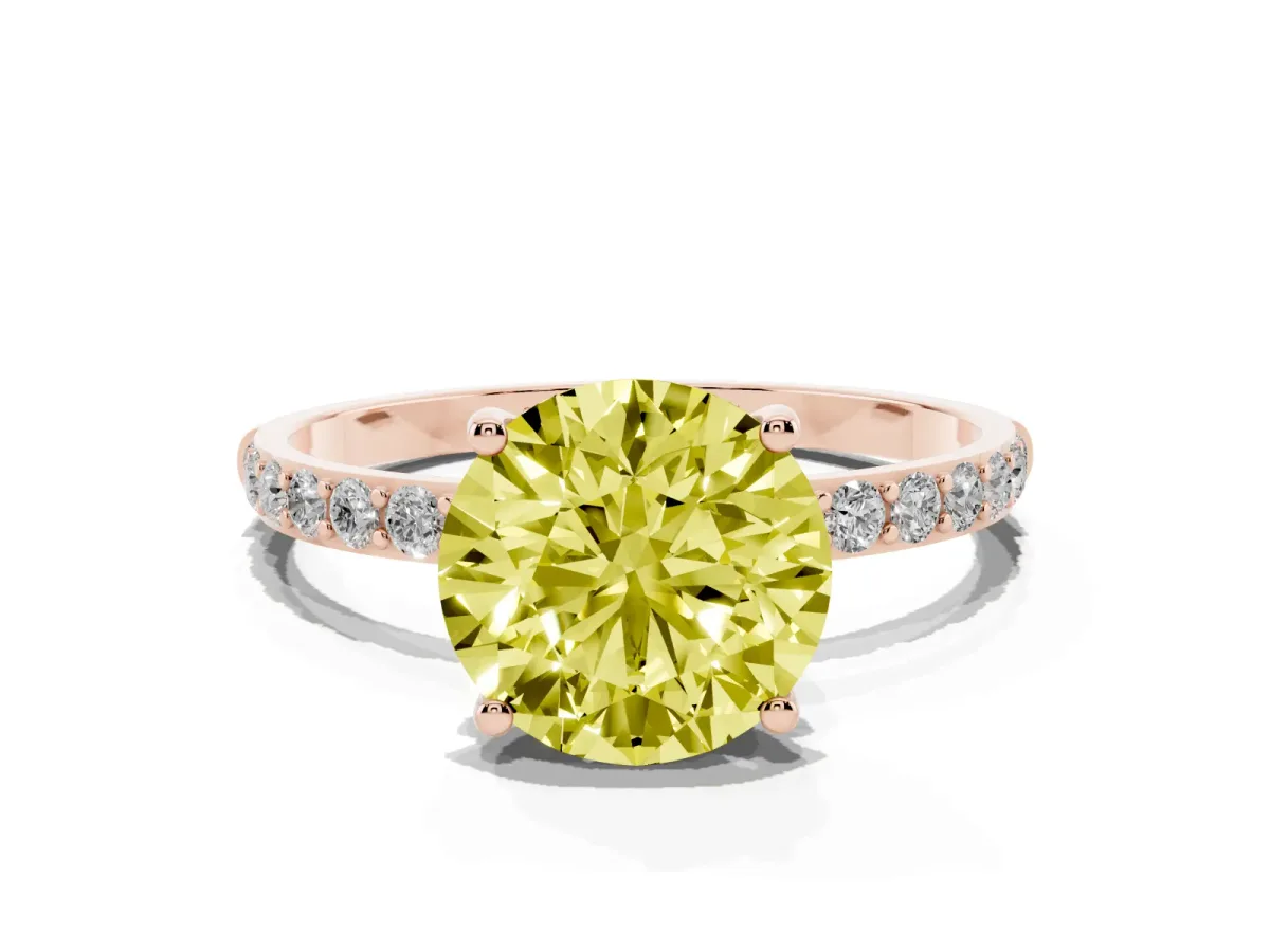 Fancy Yellow Round Cut Diamond Solitaire Ring with Round Pavé Shoulders and Prong Setting Rose gold