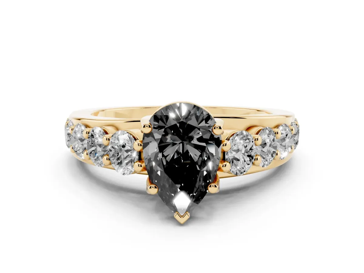 Fancy Black Pear Cut Diamond Engagement Ring with Pavé Band and Four-Prong Setting Yellow gold
