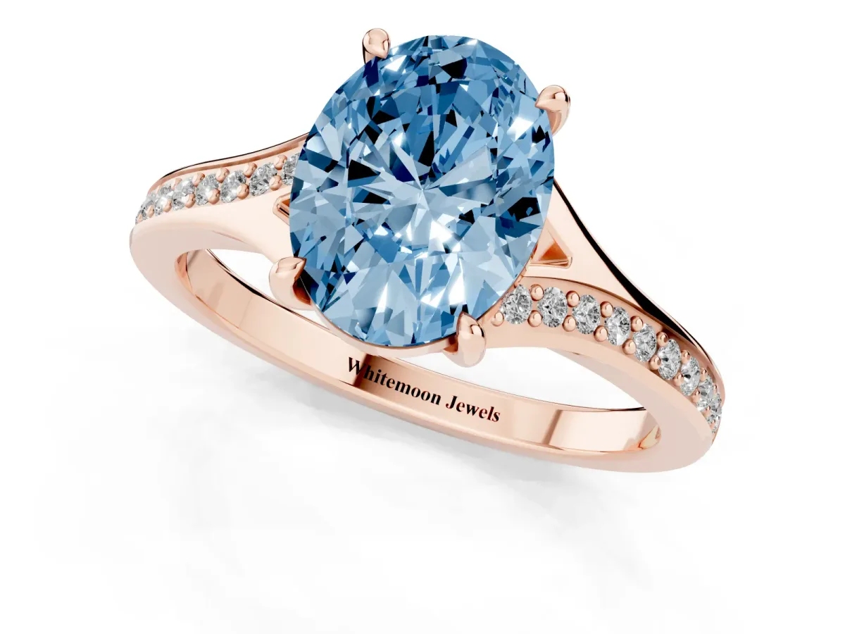 Fancy Blue Oval Cut Diamond Solitaire Ring with Pavé Band and Prong Setting Rose gold