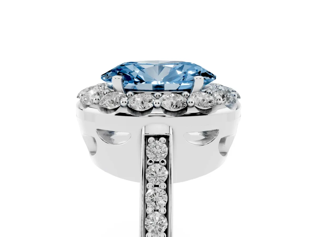 Fancy Blue Oval Cut Diamond Floral Halo Ring with Pavé Band and Prong Setting Silver