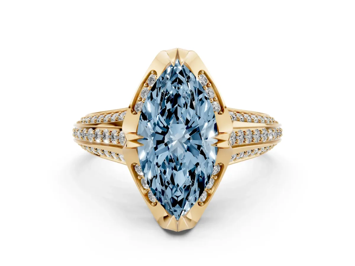 Fancy Blue Marquise Cut Solitaire Pave Split Shank Ring with Four-Prong Setting Yellow gold