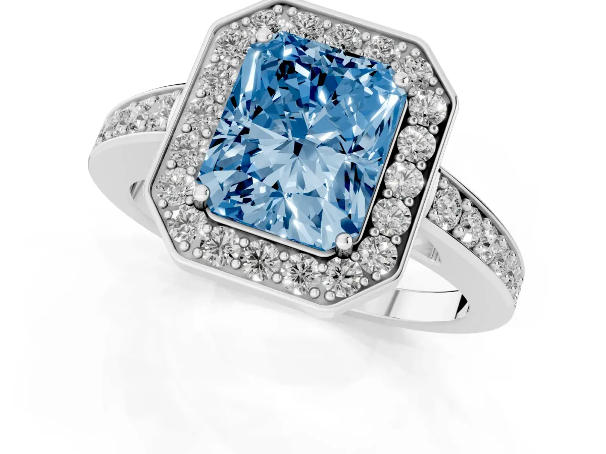 Fancy Blue Radiant Cut Halo Pavé Diamond Engagement Ring with Bezel Setting Platinum