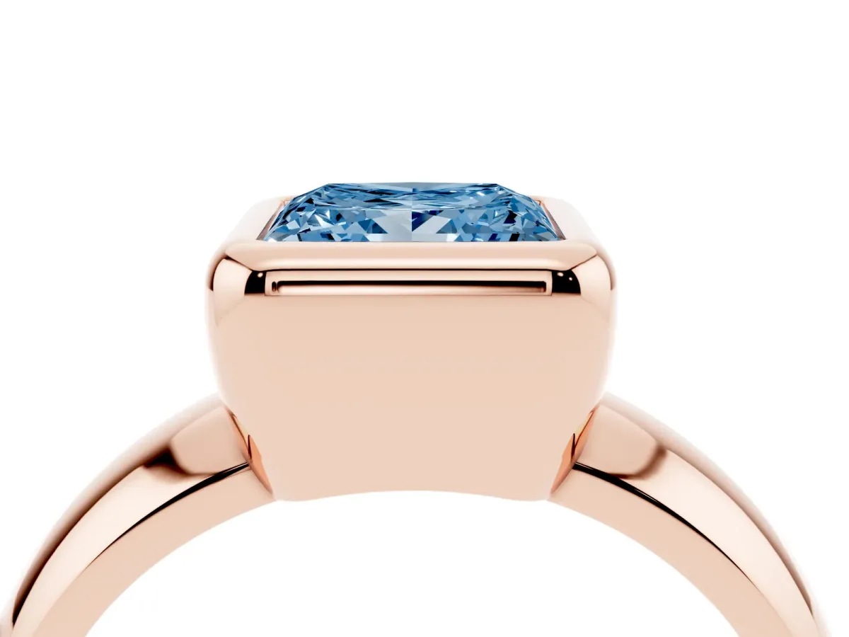 Fancy Blue Bezel Set Princess Cut Solitaire Ring with Wide Band Rose gold