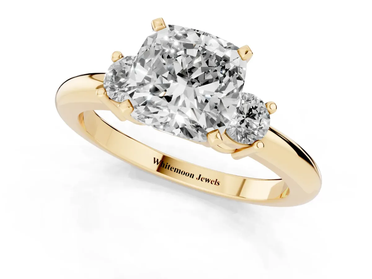 Three-Stone Cushion Cut Cut Diamond Solitaire with Prong Setting and Classic Band Yellow gold