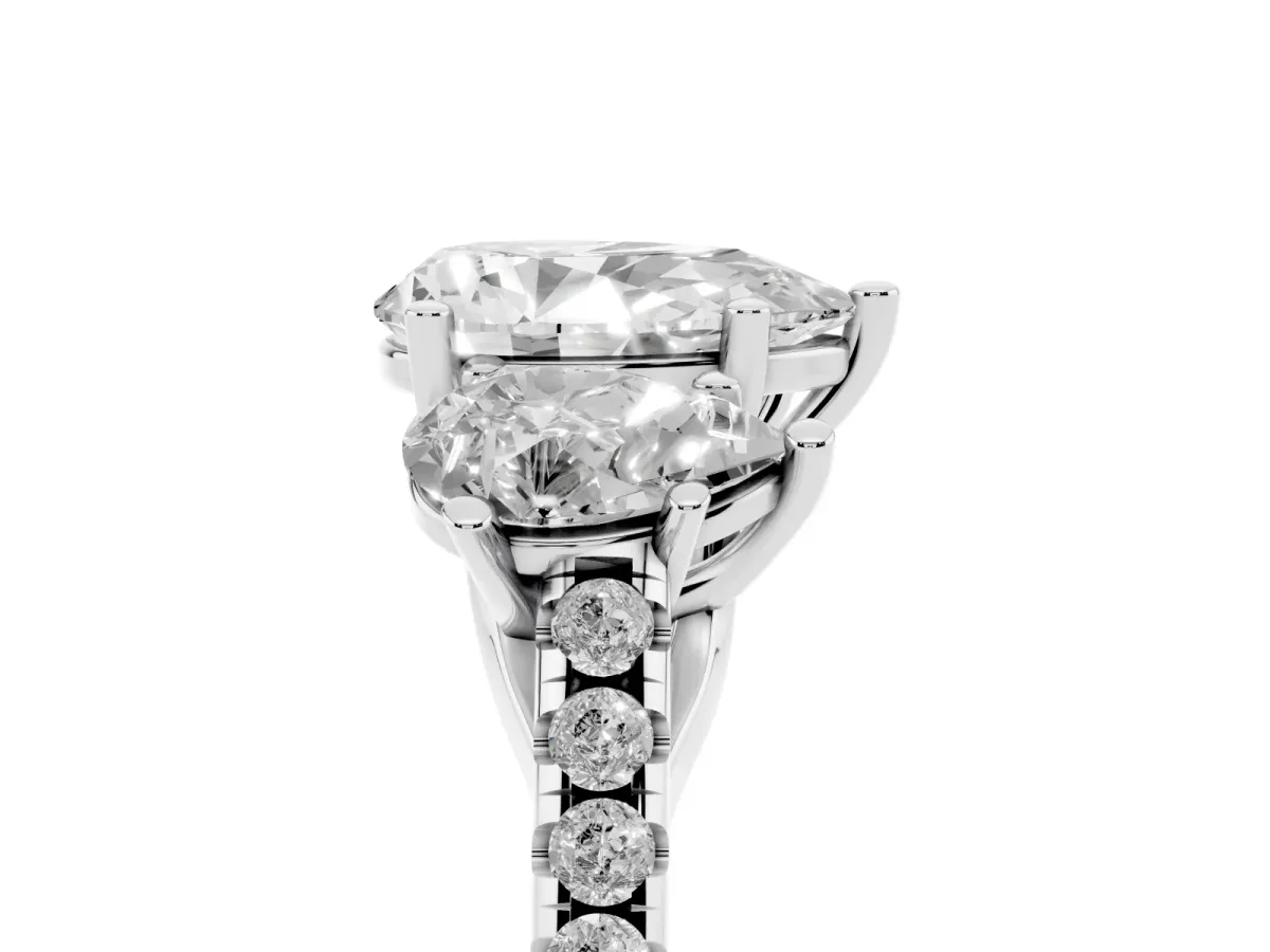Three-Stone Pear Cut Diamond Ring with Round Pavé Band and Prong Setting Silver