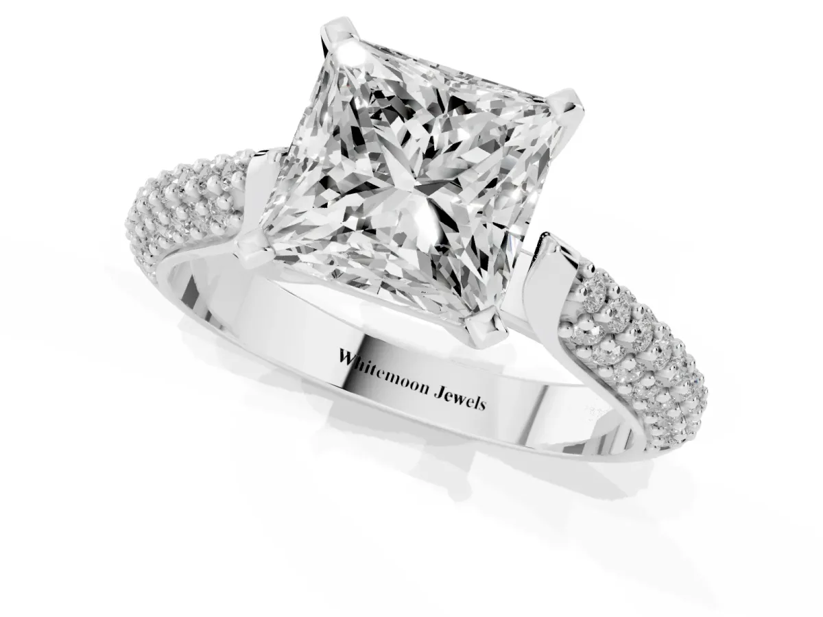 Princess Cut Diamond Solitaire Engagement Ring with Multi-Row Round Pavé Band and Prong Setting Silver