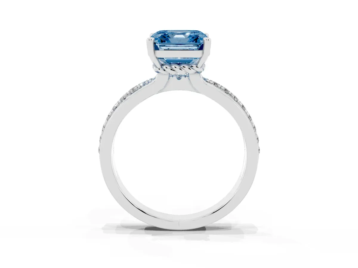 Fancy Blue Asscher Cut Solitaire Diamond Ring with Channel Set Band and Six-Prong Setting Silver