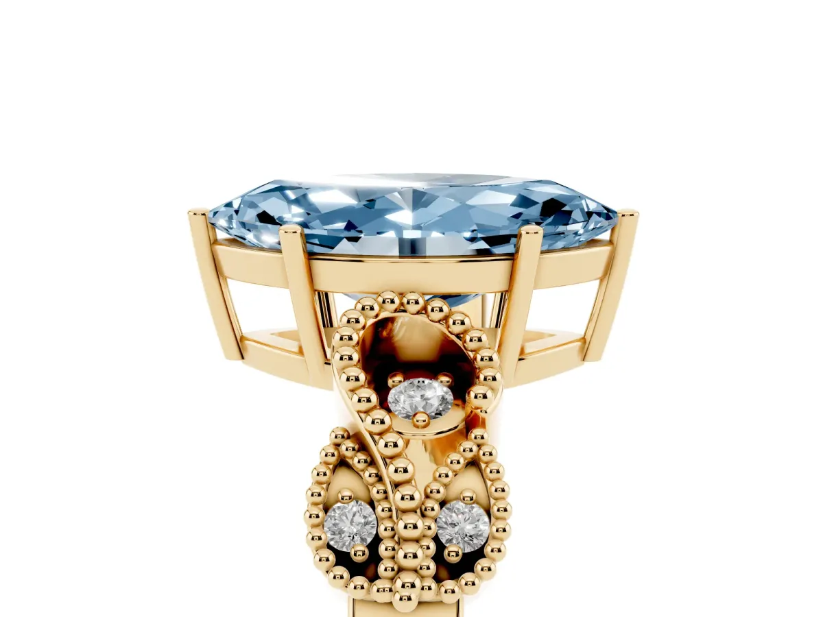 Fancy Blue Marquise Cut Solitaire Milgrain Leaf Band with Prong Setting Yellow gold
