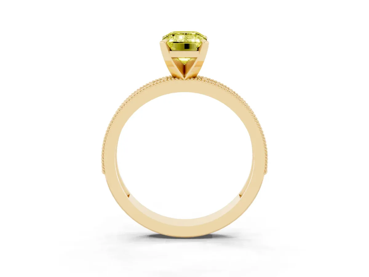 Fancy Yellow Emerald Cut Diamond Milgrain Pavé Engagement Ring with Four-Prong Setting Yellow gold