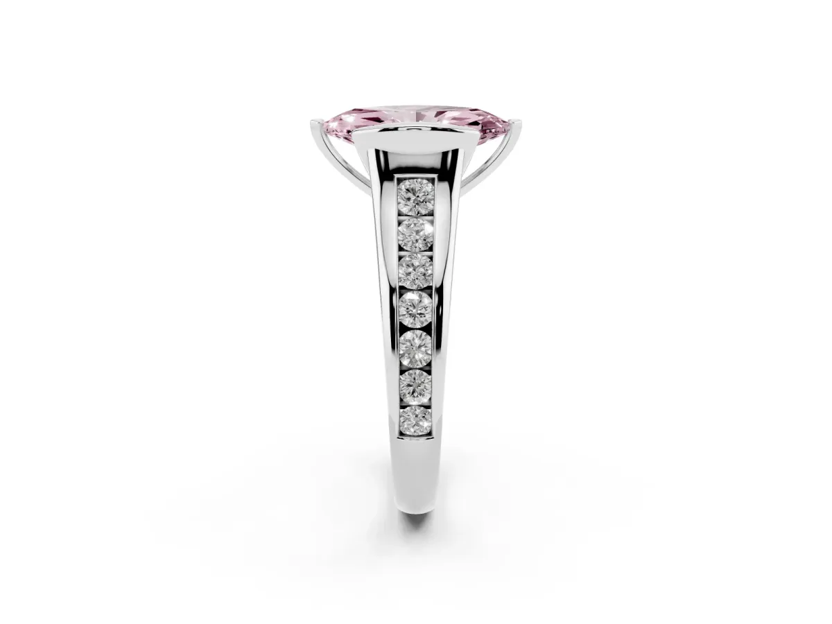 Fancy Pink Marquise Cut Solitaire Bezel-Set Diamond Ring with Channel-Set Band Silver