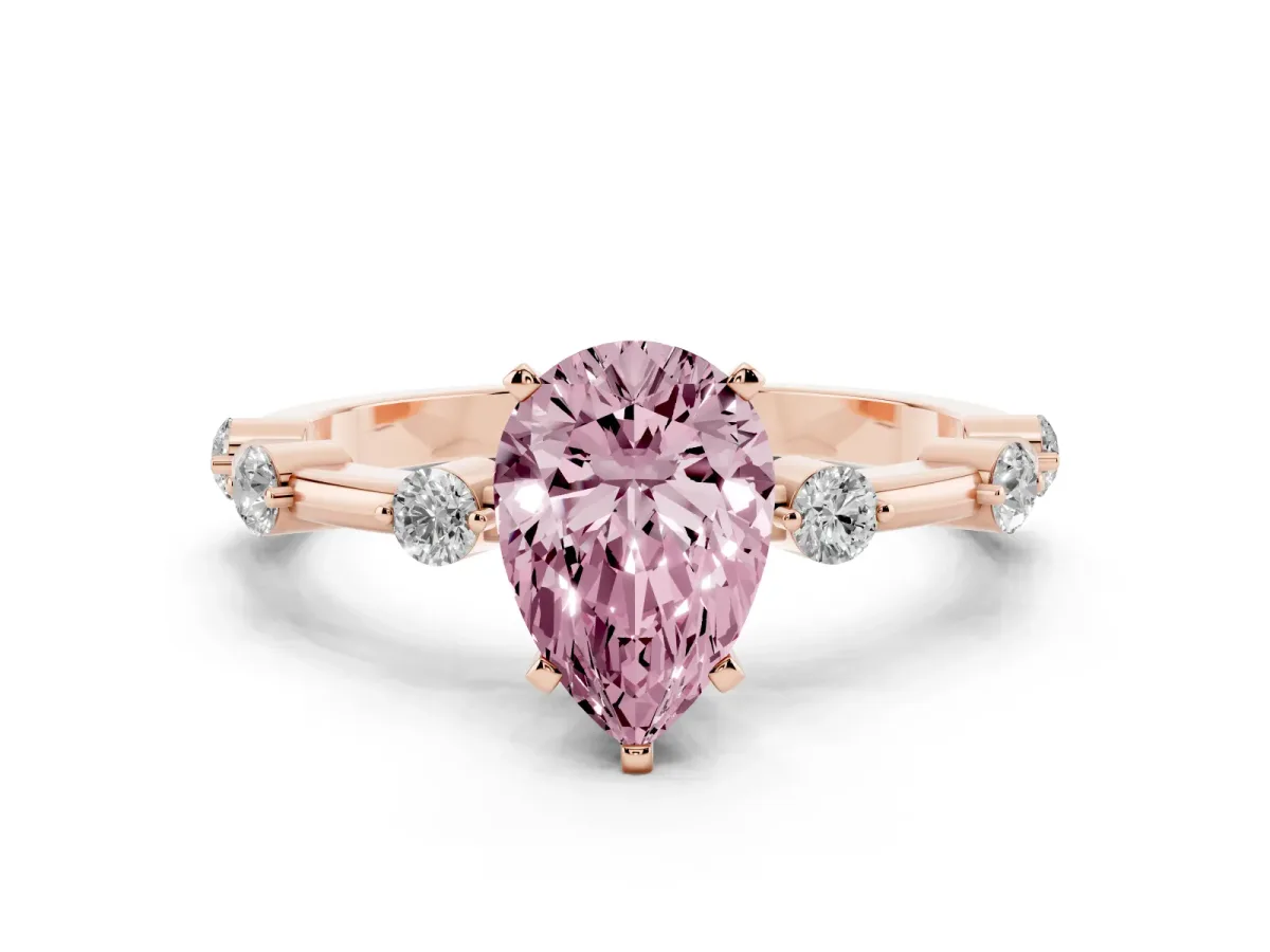 Fancy Pink Pear Cut Solitaire Diamond Ring with Bezel Set Side Stones and Prong Setting Rose gold