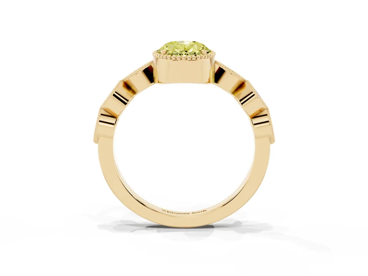 Fancy Yellow Oval Cut Diamond Vintage Milgrain Ring with Round Stations Yellow gold