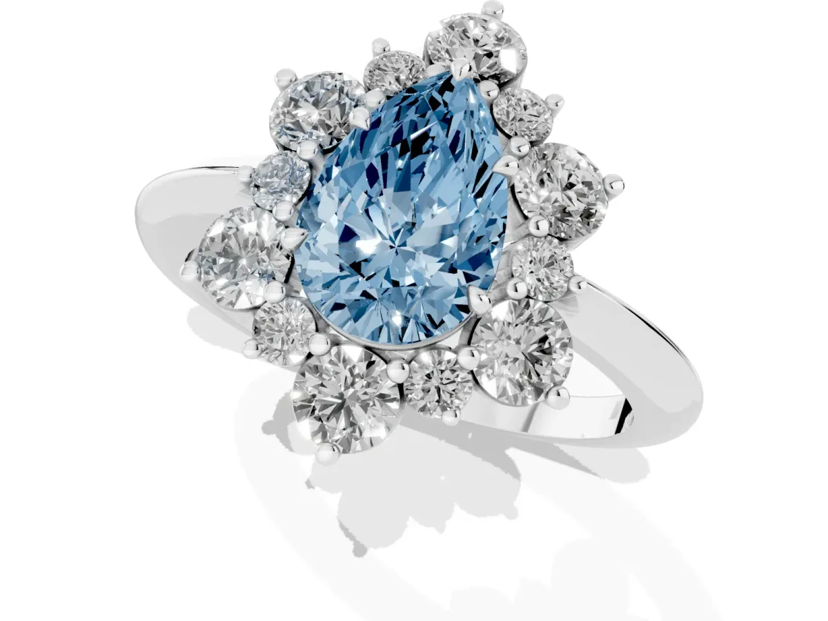 Fancy Blue Pear Cut Diamond Cluster Halo Ring with Solitaire Band and Four-Prong Setting Silver
