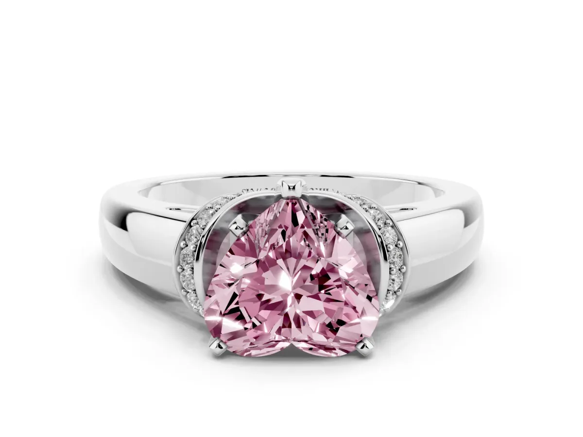 Fancy Pink Heart Cut Solitaire Diamond Ring with Pave Band and Six-Prong Setting Platinum