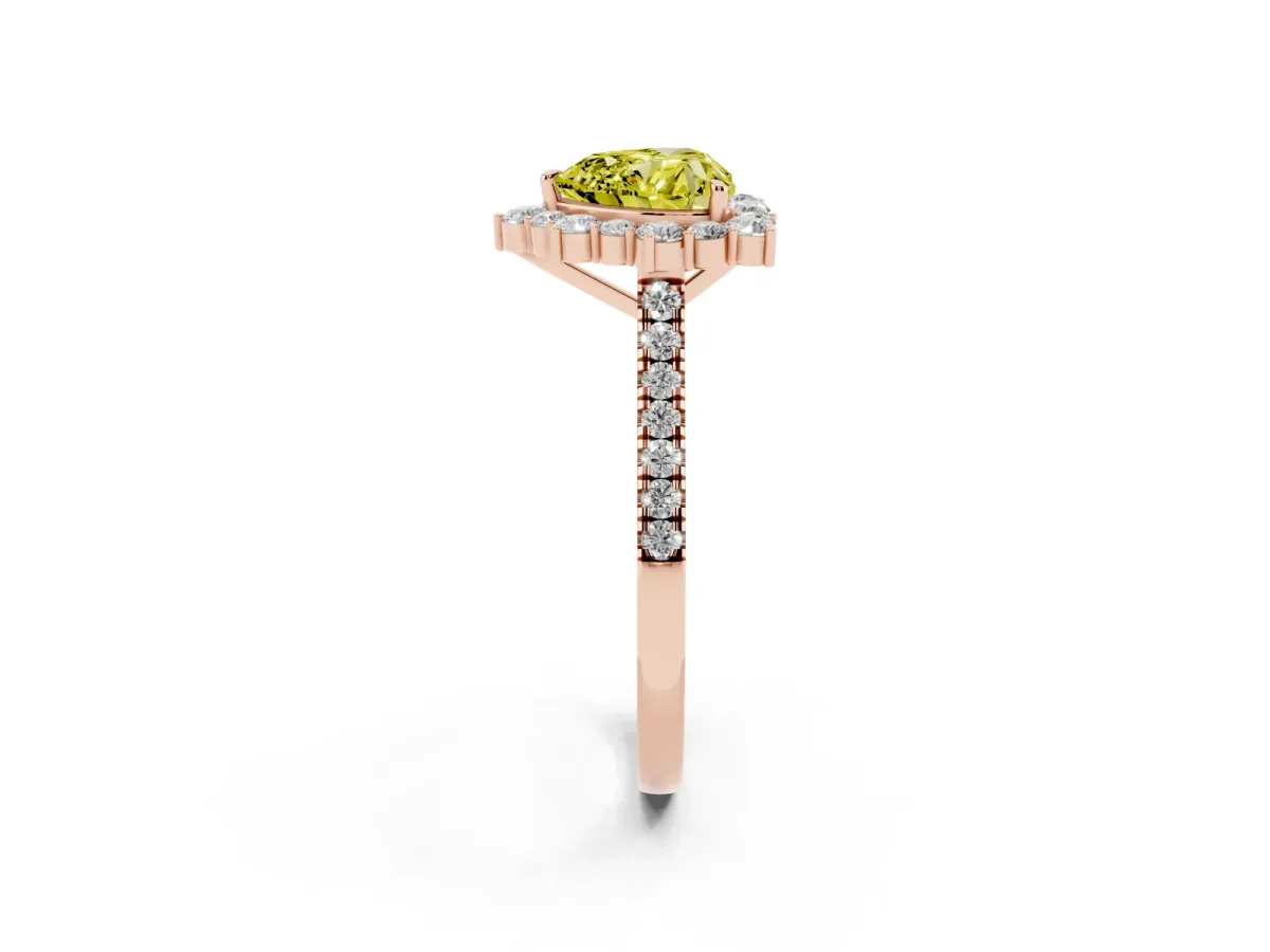Fancy Yellow Heart Cut Halo Diamond Ring with Pavé Band and Prong Setting Rose gold