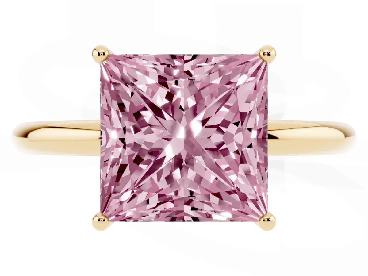 Fancy Pink Princess Cut Solitaire Diamond Ring with a Classic Band and Four-Prong Setting Yellow gold