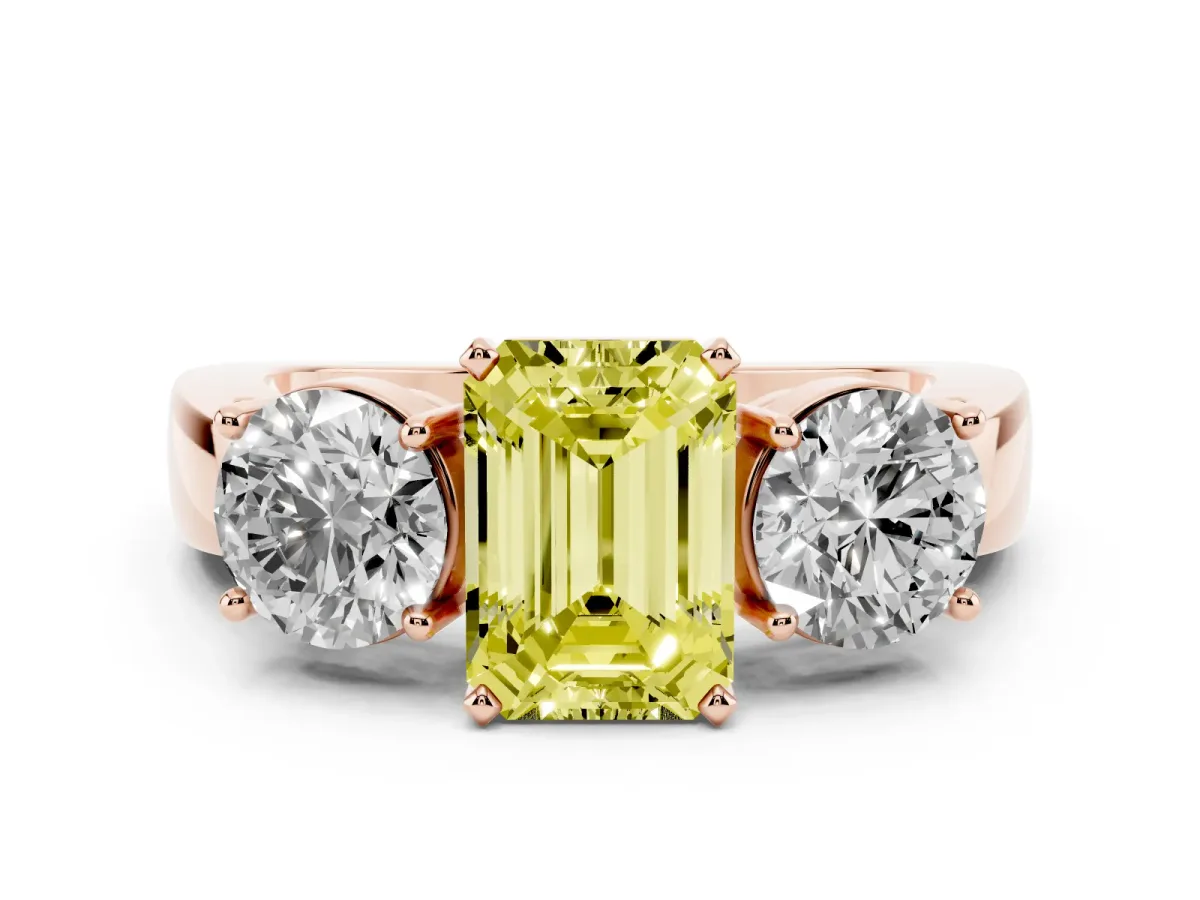 Fancy Yellow Three-Stone Emerald Cut Diamond Ring with Round Side Stones, Classic Band, and Four-Prong Setting Rose gold