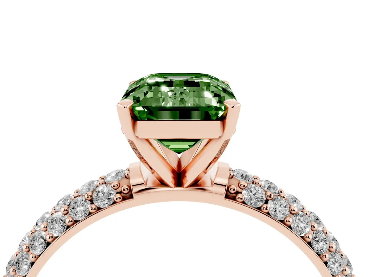 Fancy Green Emerald Cut Diamond Solitaire Ring with Prong Setting and Pavé Band Rose gold