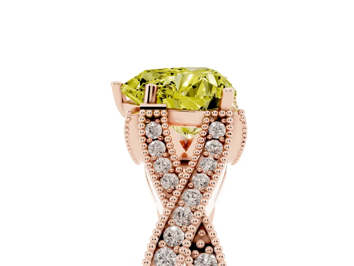 Fancy Yellow Heart Cut Cut Diamond Twisted Band with Milgrain Pave Setting and Four-Prong Setting Rose gold
