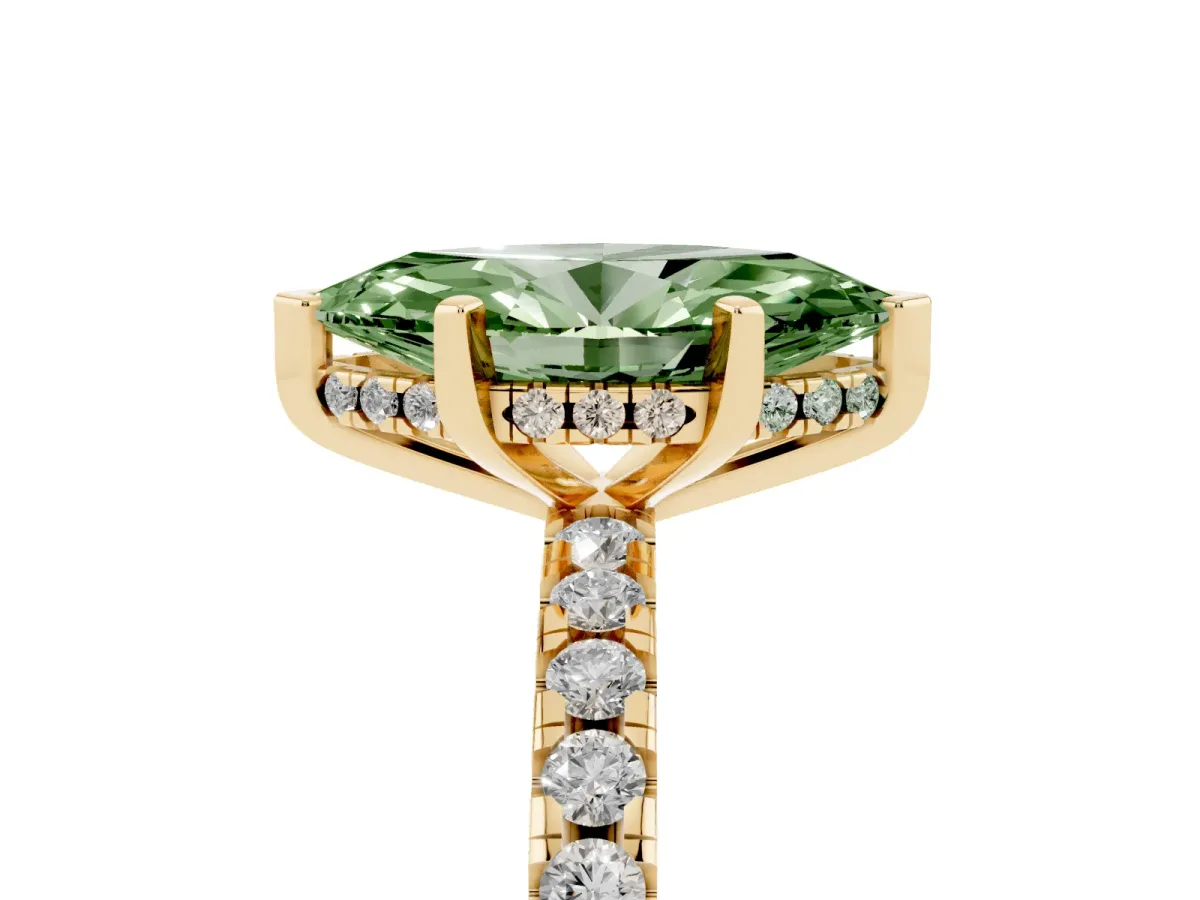 Fancy Green Marquise Cut Diamond Solitaire Ring with Round Pavé Band and Four-Prong Setting Yellow gold