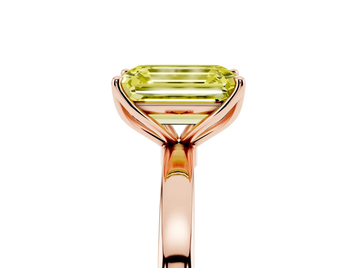 Fancy Yellow Emerald Cut Diamond Solitaire Ring with Thin Band and Prong Setting Rose gold