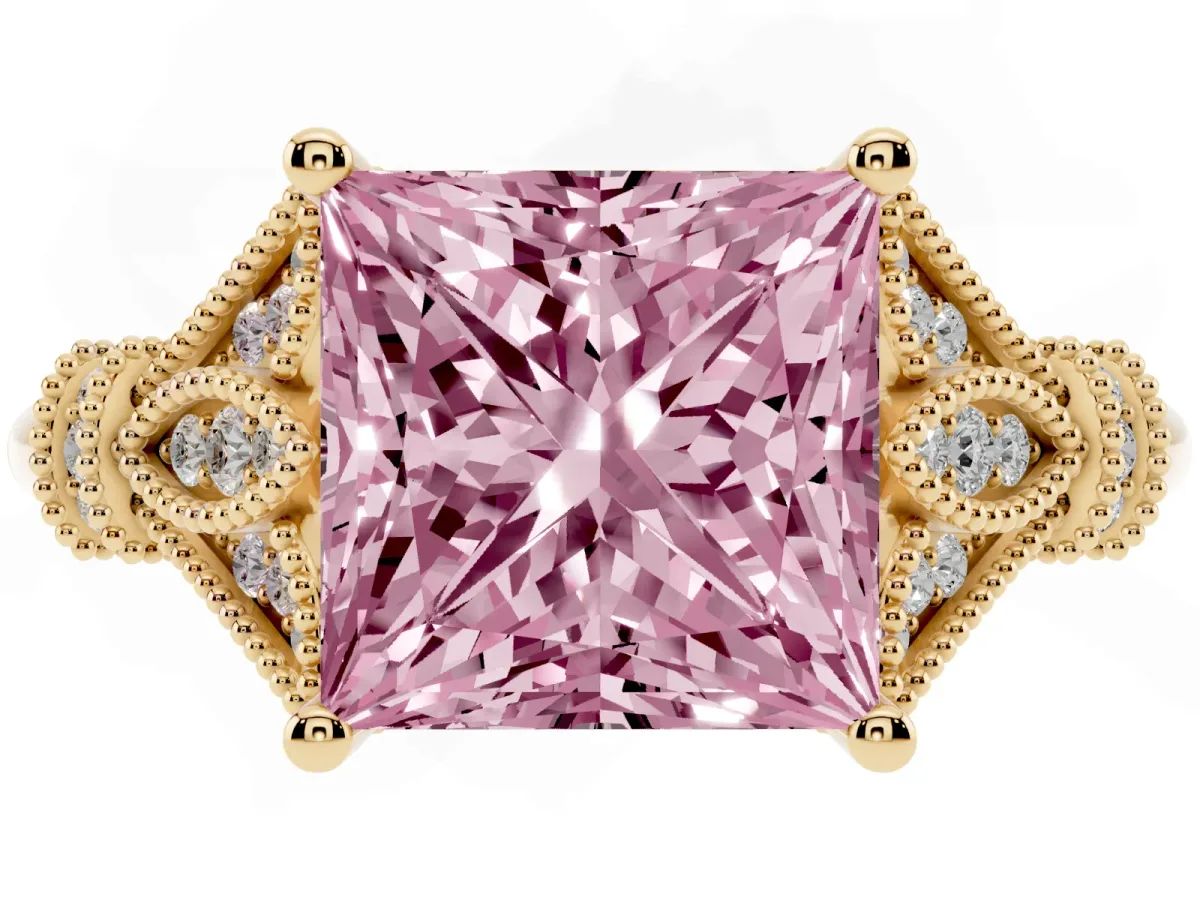 Fancy Pink Princess Cut Diamond Solitaire Ring with Floral Filigree and Pave Accents Yellow gold
