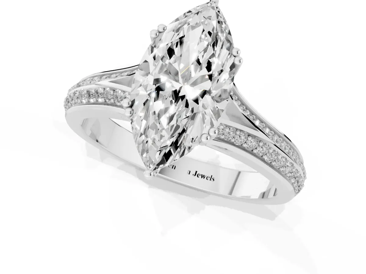 Marquise Cut Diamond Split Shank Engagement Ring with Pavé Band Silver