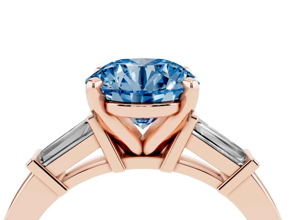 Fancy Blue Round Cut Cut Diamond Solitaire Ring with Tapered Baguette Accents and Four-Prong Setting Rose gold