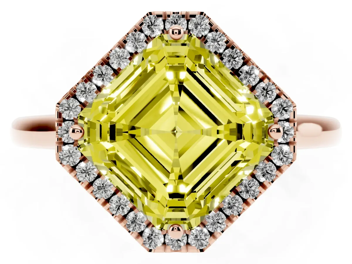 Fancy Yellow Asscher Cut Halo Round Diamond Solitaire Engagement Ring with Pave Band and Four-Prong Setting Rose gold