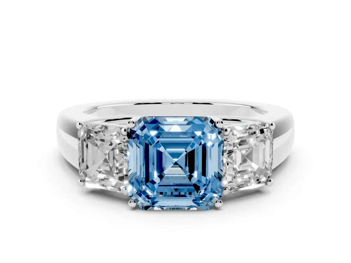 Fancy Blue Three-Stone Asscher Cut Cut Diamond Ring with Prong Setting and Classic Band Platinum