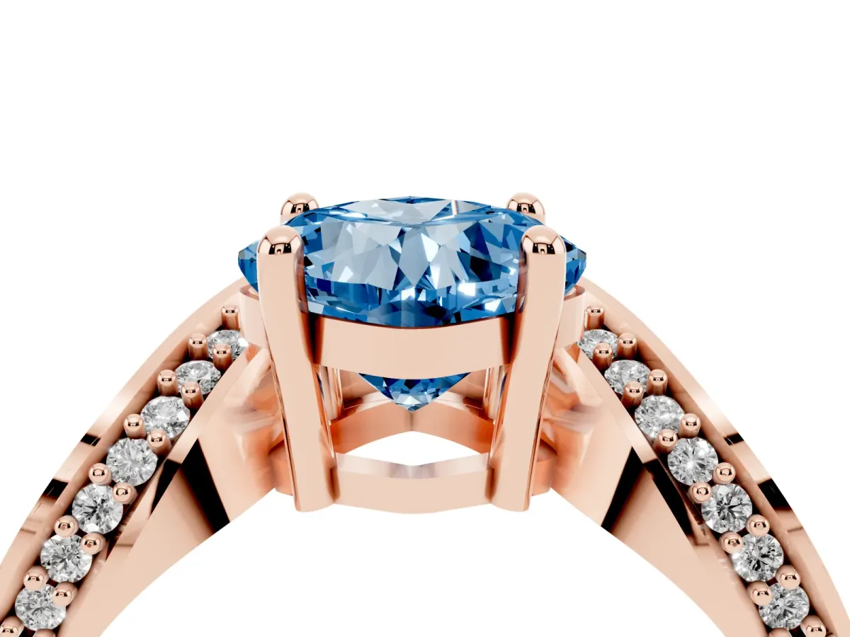 Fancy Blue Cushion Cut Solitaire Diamond Engagement Ring with Pave Band and Four-Prong Setting Rose gold