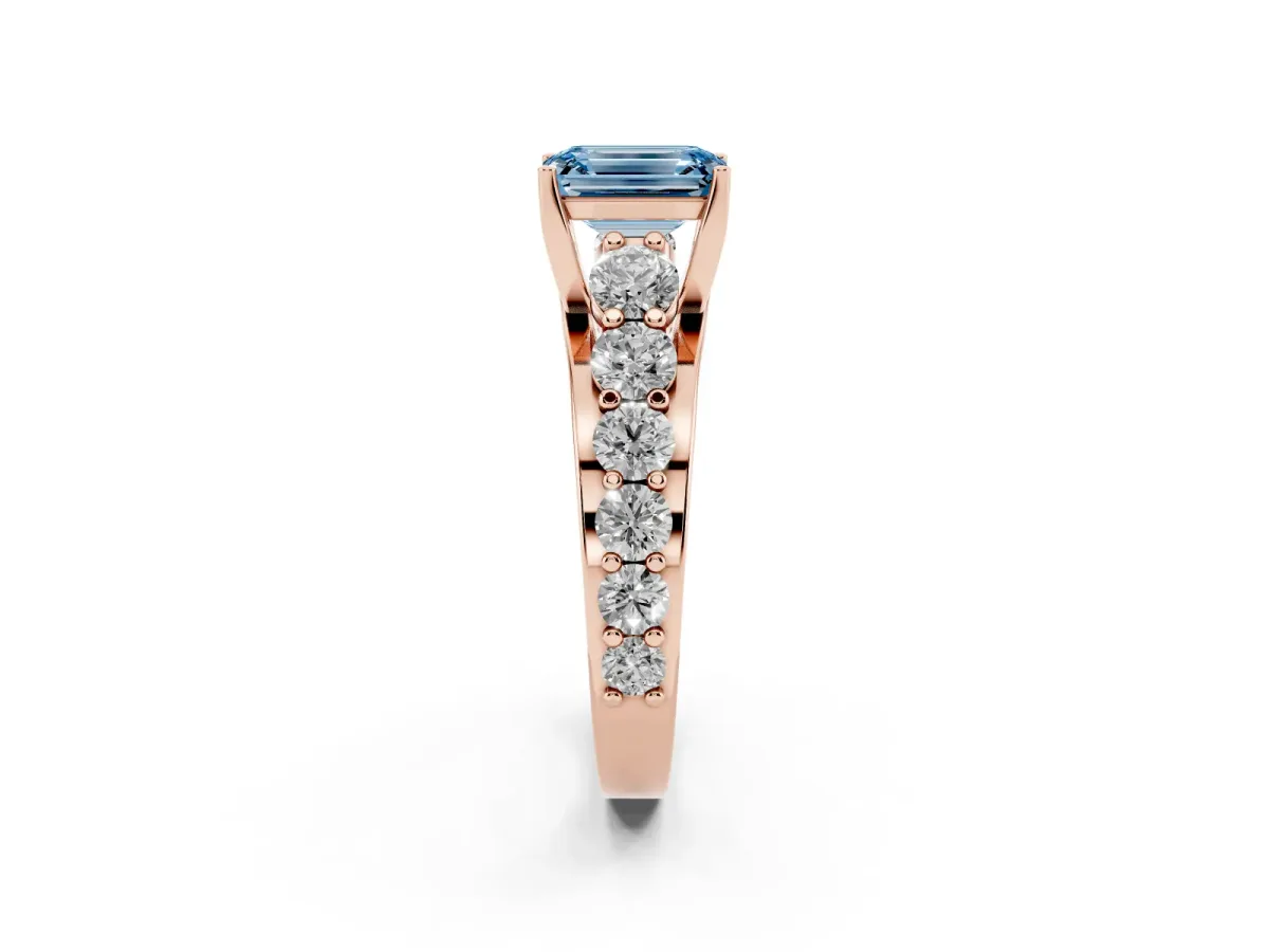 Fancy Blue Emerald Cut Diamond Engagement Ring with Pavé Band and Four-Prong Setting Rose gold